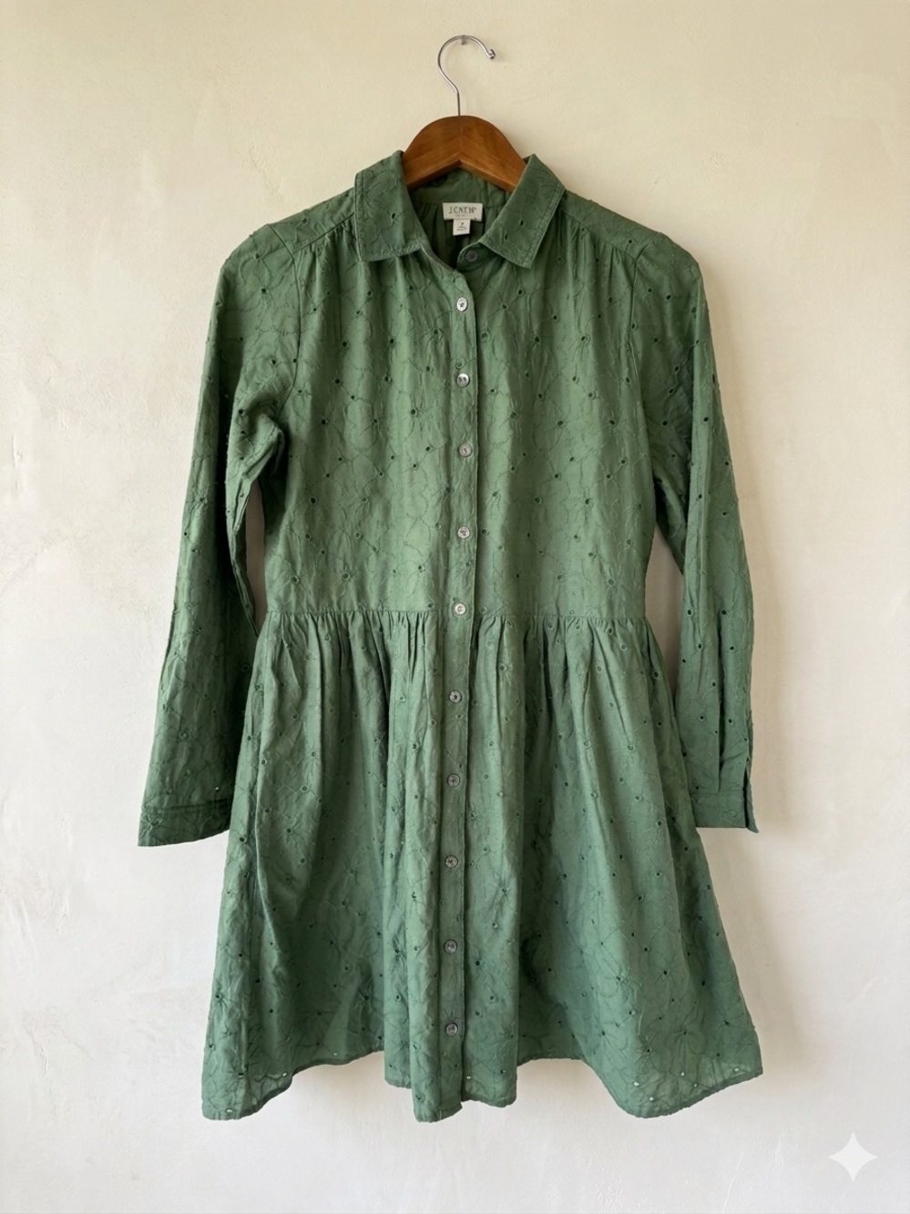 ⁠Green Eyelet Cotton Mini Shirtdress Babydoll Boho Puff Long Sleeve Sz 4 J.Crew